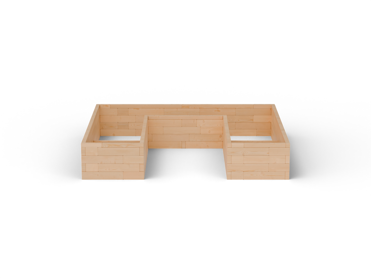 Vyvýšený záhon U Brick Premium, veľkosť L (300×270×54 cm) – masívny 60 mm európsky smrekovec, medový tón; čelný pohľad.