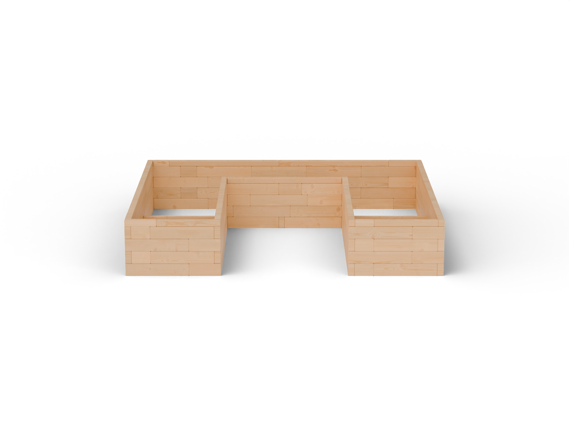 Vyvýšený záhon U Brick Premium, veľkosť L (300×270×54 cm) – masívny 60 mm európsky smrekovec, medový tón; čelný pohľad.