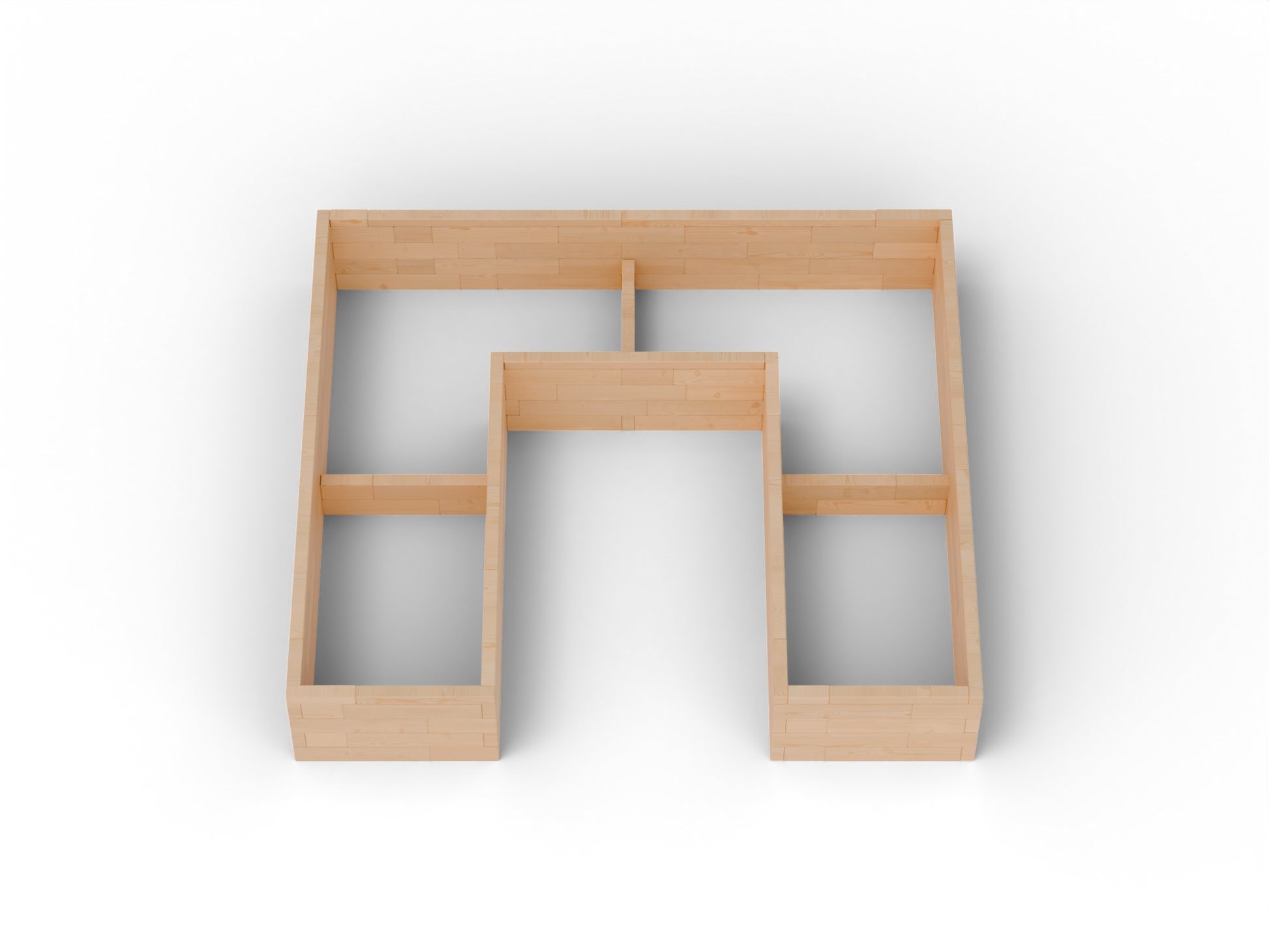 Vyvýšený záhon U Brick Premium, veľkosť L (300×270×54 cm) – masívny 60 mm európsky smrekovec, medový tón; pohľad zhora.