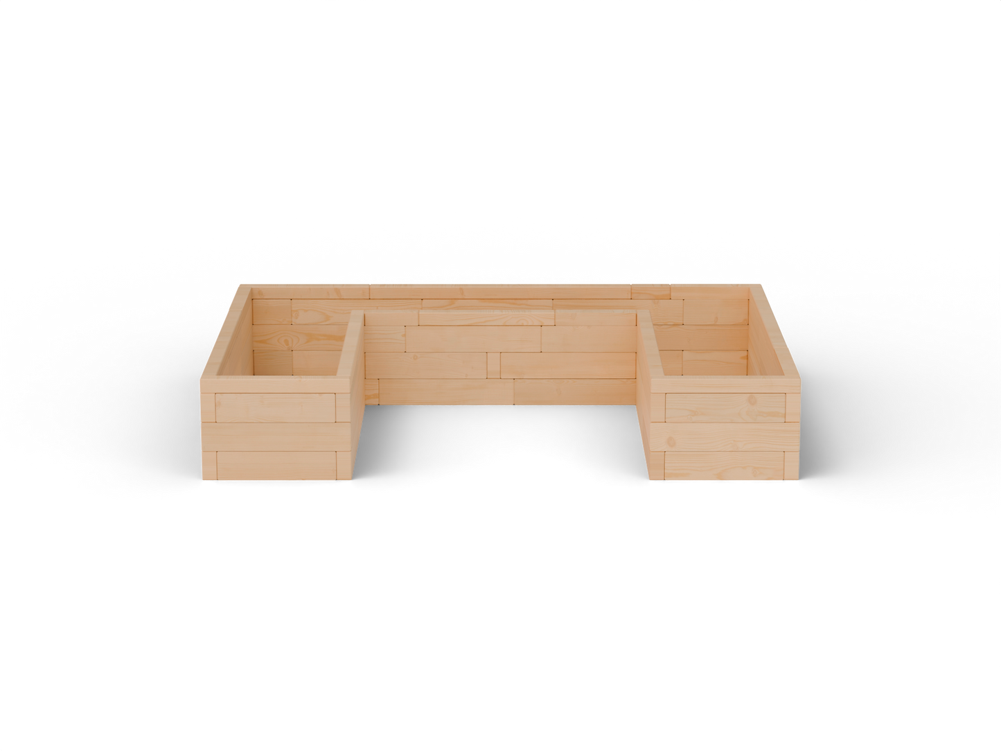 Vyvýšený záhon U Brick Premium, veľkosť M (240×180×42 cm) – masívny 60 mm európsky smrekovec, medový tón; čelný pohľad.