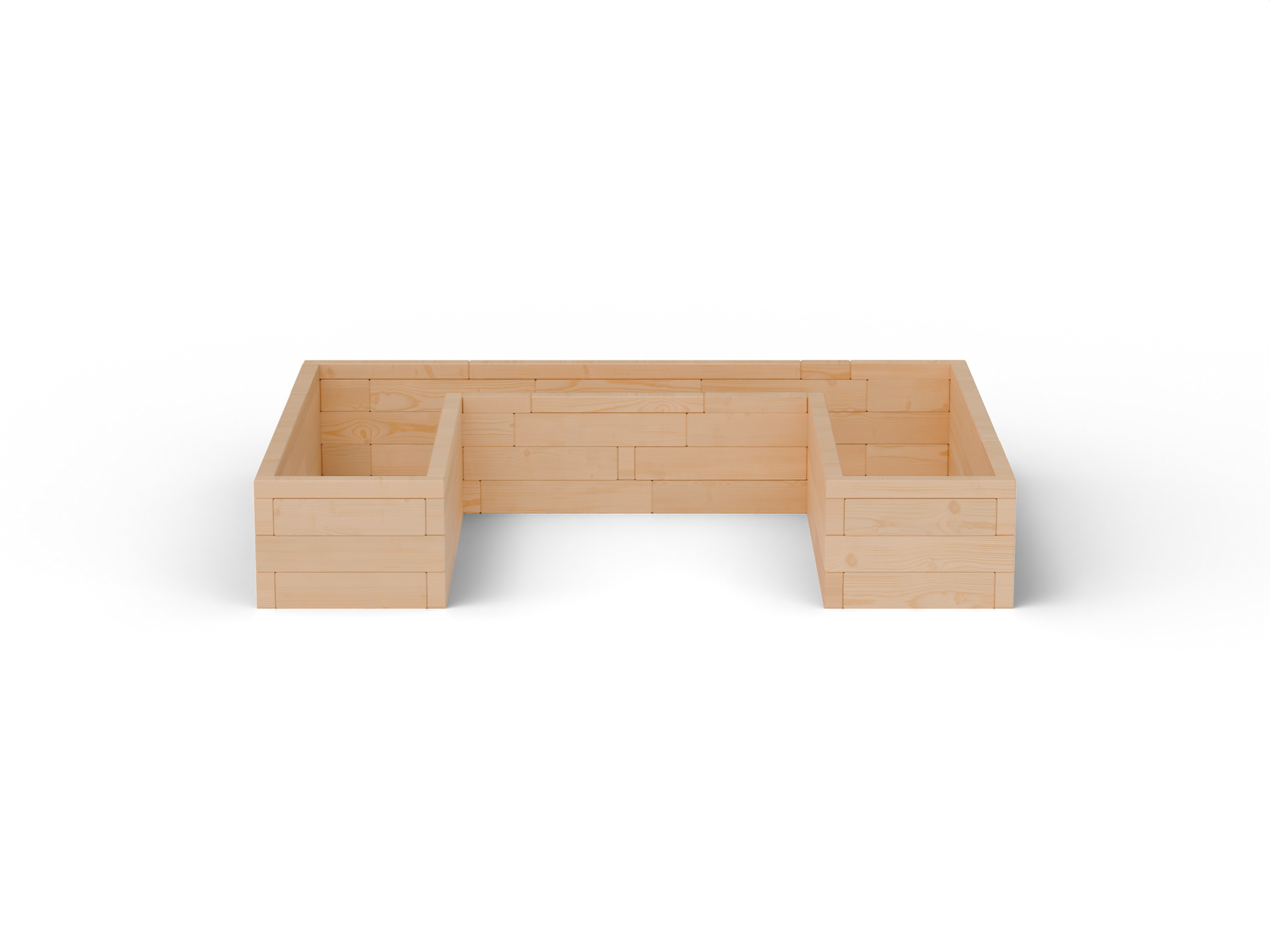 Vyvýšený záhon U Brick Premium, veľkosť M (240×180×42 cm) – masívny 60 mm európsky smrekovec, medový tón; čelný pohľad.