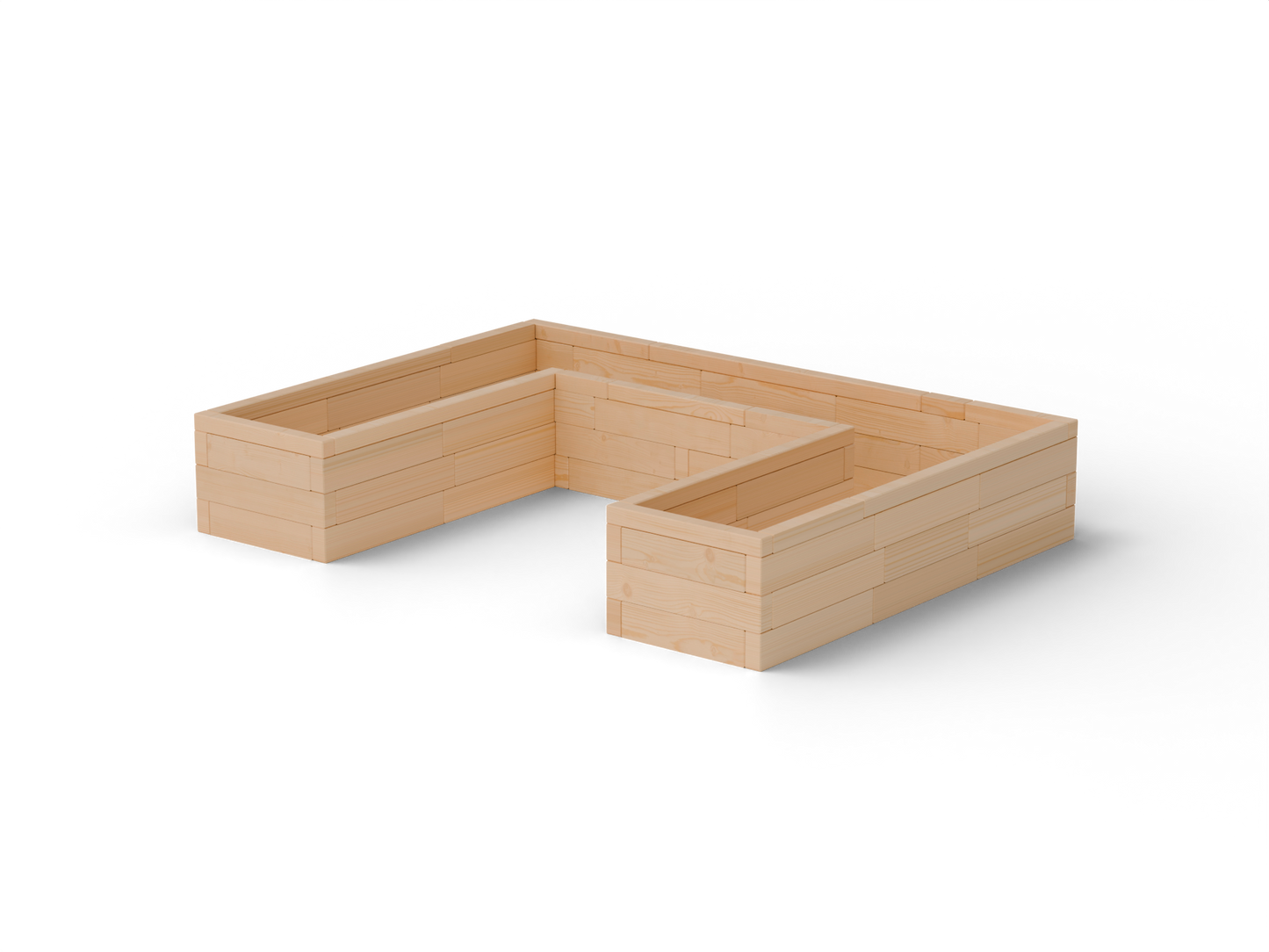 Vyvýšený záhon U Brick Premium, veľkosť M (240×180×42 cm) – masívny 60 mm európsky smrekovec, medový tón; pohľad 3/4 (hero).