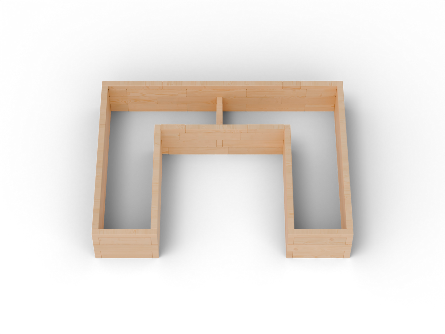 Vyvýšený záhon U Brick Premium, veľkosť M (240×180×42 cm) – masívny 60 mm európsky smrekovec, medový tón; pohľad zhora.