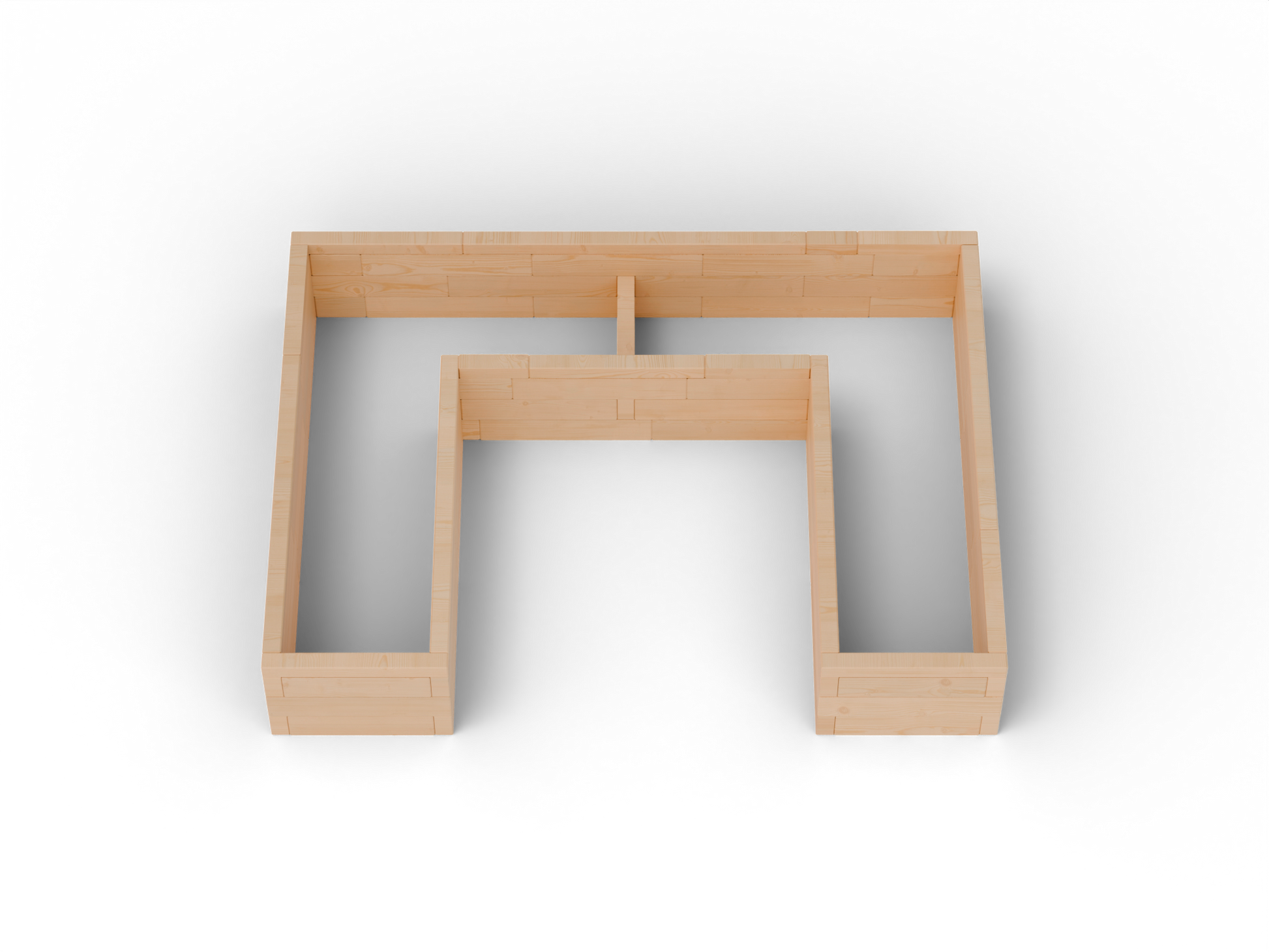 Vyvýšený záhon U Brick Premium, veľkosť M (240×180×42 cm) – masívny 60 mm európsky smrekovec, medový tón; pohľad zhora.