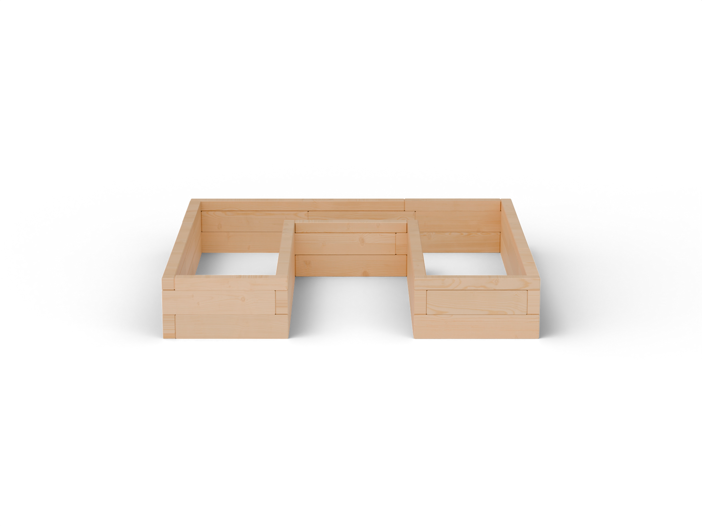 Vyvýšený záhon U Brick Premium, veľkosť S (180×180×30 cm); čelný pohľad – masívny 60 mm európsky smrekovec, medový tón.