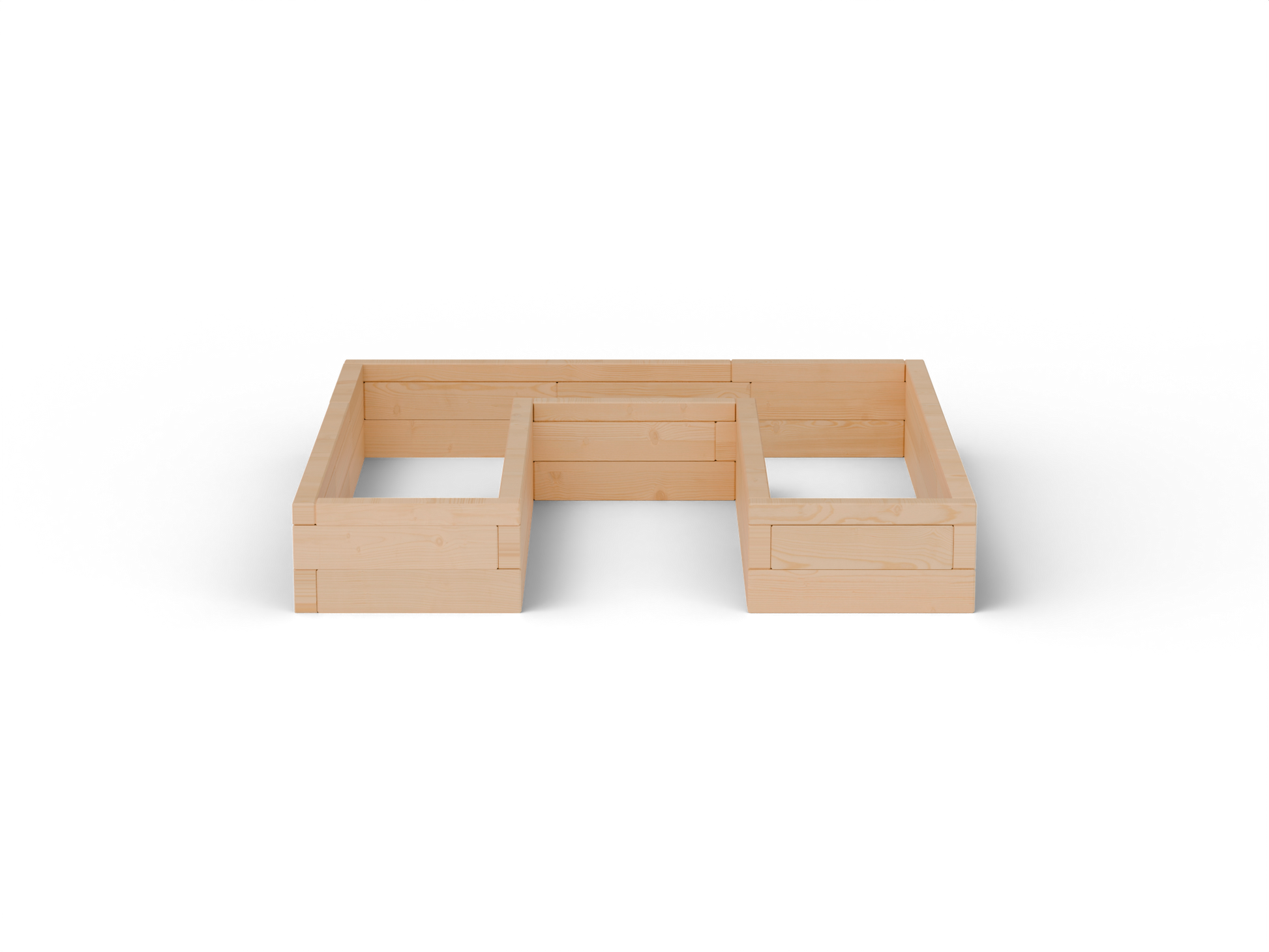Vyvýšený záhon U Brick Premium, veľkosť S (180×180×30 cm); čelný pohľad – masívny 60 mm európsky smrekovec, medový tón.