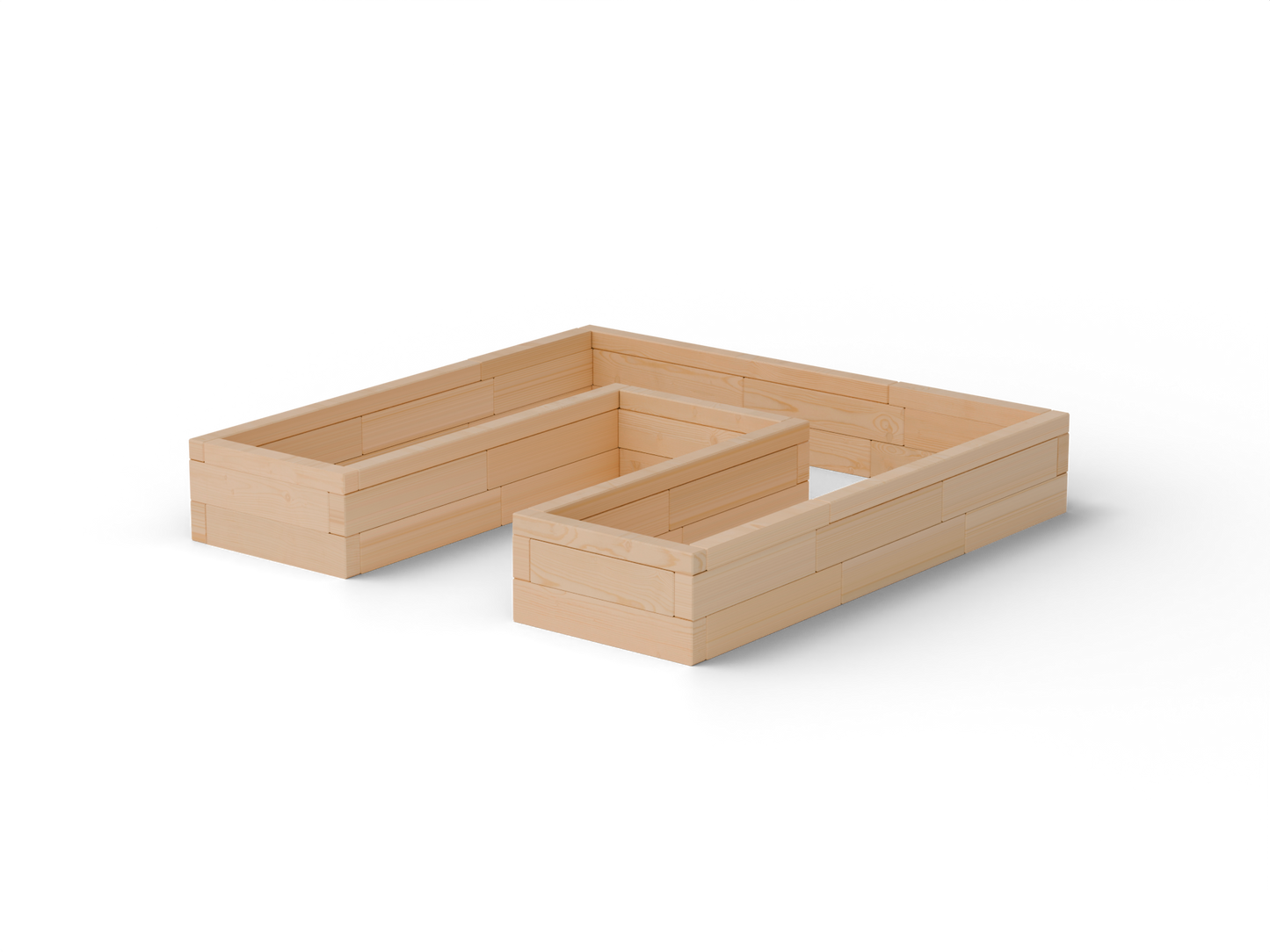 Vyvýšený záhon U Brick Premium, veľkosť S (180×180×30 cm) – masívny 60 mm európsky smrekovec, medový tón; pohľad 3/4 (hero).