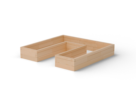 Vyvýšený záhon U Brick Premium, veľkosť S (180×180×30 cm) – masívny 60 mm európsky smrekovec, medový tón; pohľad 3/4 (hero).