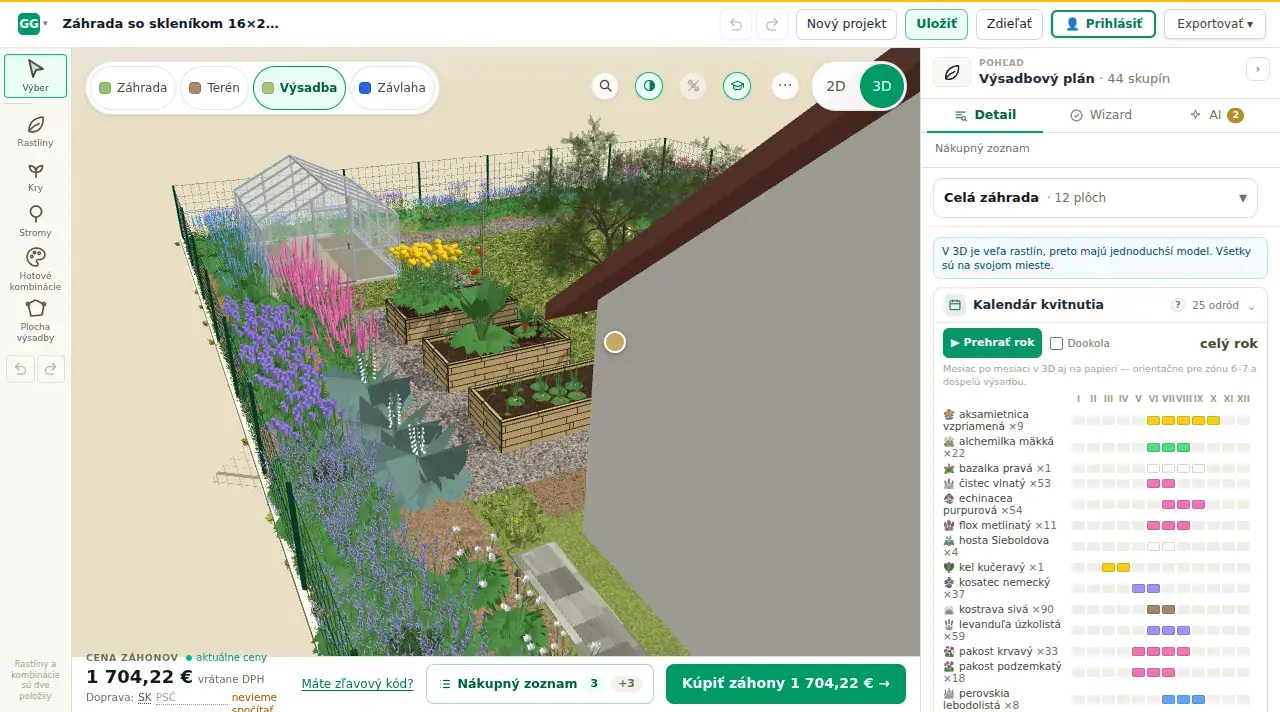 Tá istá záhrada v 3D: záhony zo smrekovcových dielov s rastlinami, chodníky a skleník