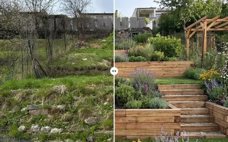 A garden with raised garden beds designed by AI from a photo (AI visualization)