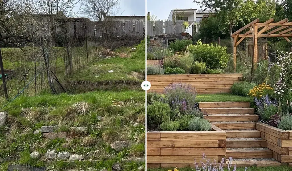 A garden with raised garden beds designed by AI from a photo (AI visualization)