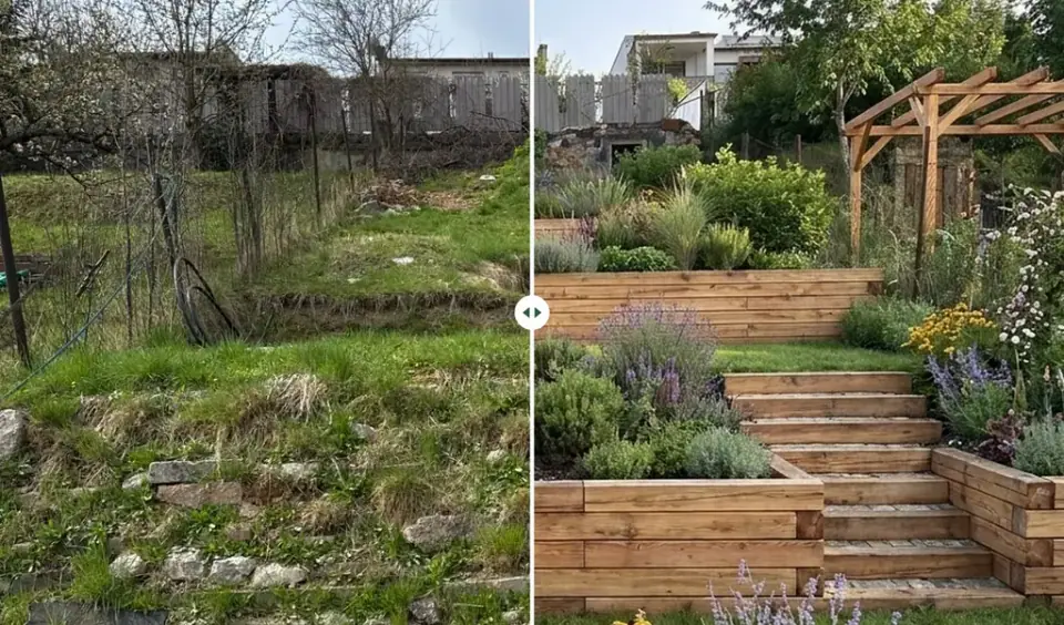 AI design example: a neglected garden slope on the left, wood terraces with steps and flowers on the right (AI visualization)