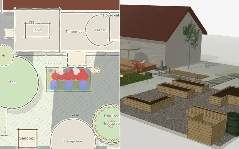 2D plan and 3D view of the same garden in GridGarden Studio