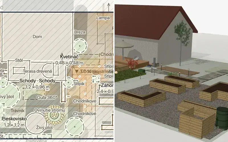 2D plán a 3D pohľad tej istej záhrady v GridGarden Studiu