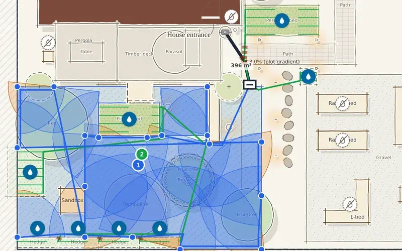 An irrigation design with zones in the 2D plan of Studio