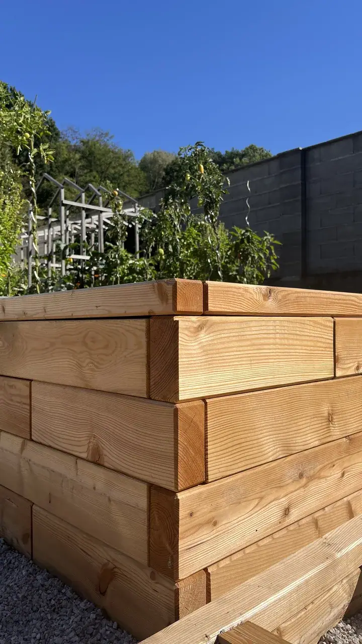 Corner of a raised garden bed made of larch pieces interlocked at the corner, with tomatoes by a wall behind it