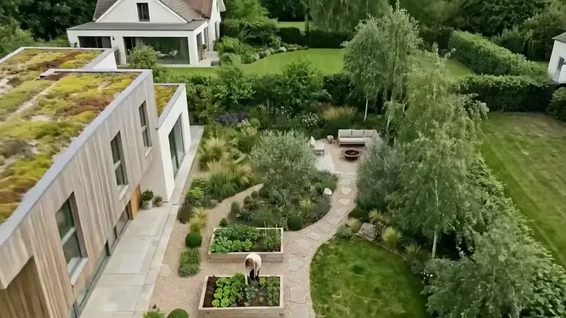 Whole garden with raised beds from above