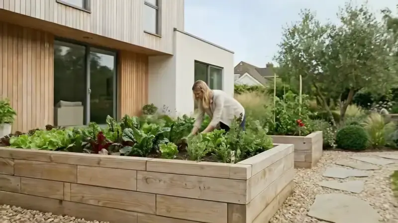 Finished garden with raised beds by the house, designed in Studio