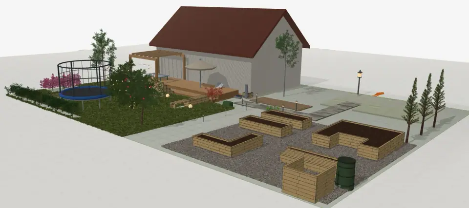 Cały ogród w 3D: dom, pergola, trampolina, żywopłot i podwyższone grządki
