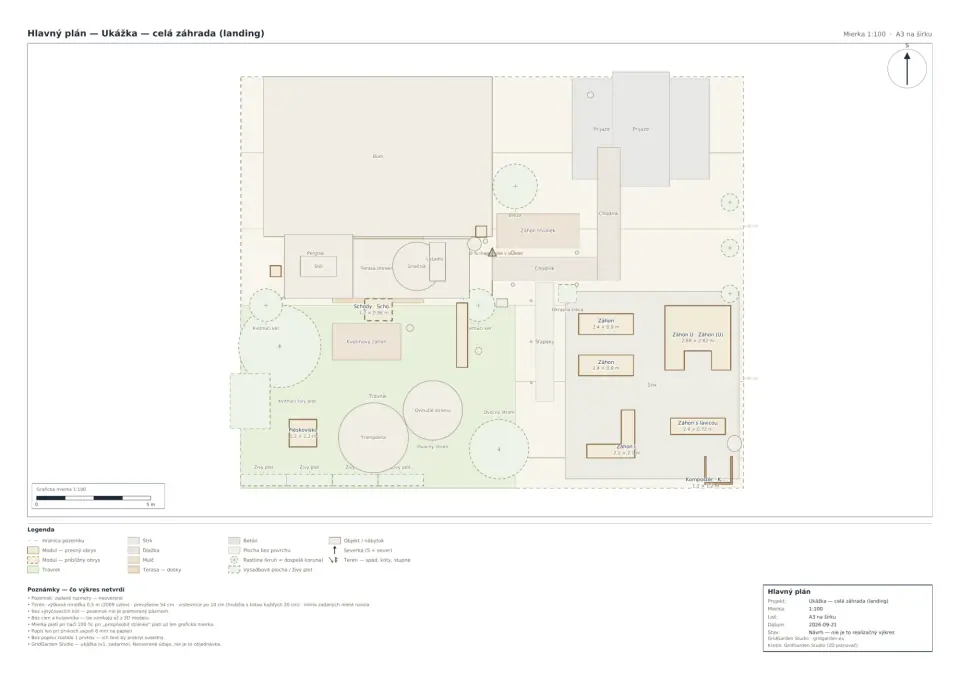 Plan główny A3: skala 1:100, legenda powierzchni, róża wiatrów, skala graficzna i pieczątka narożna