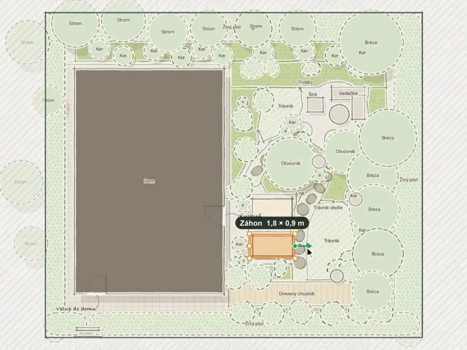 Garden plan in GridGarden Studio 2D: house, trees and a raised garden bed being resized