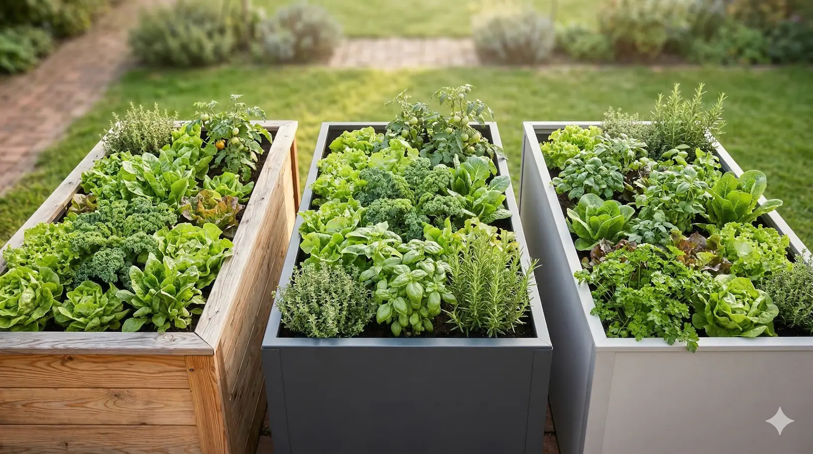 Raised bed buying guide — wood, metal and composite raised beds compared in a garden setting