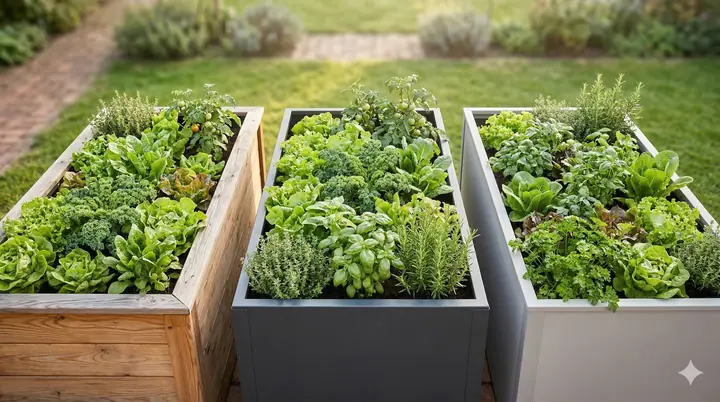 Raised bed buying guide — wood, metal and composite raised beds compared in a garden setting