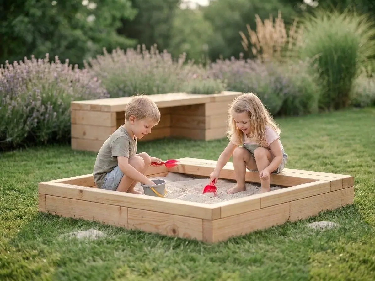 Wooden Sandbox with Seating Edge: Chemical-Free Larch Play Corner — GridGarden
