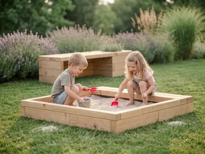 Wooden Sandbox with Seating Edge: Chemical-Free Larch Play Corner — GridGarden