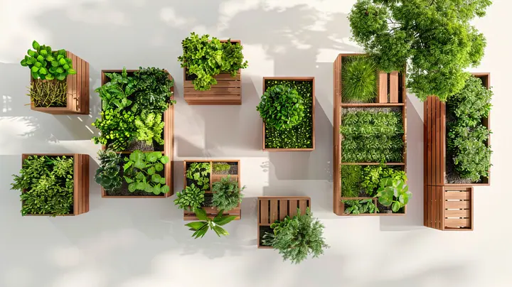 Top-down view of modular raised garden bed with companion plants