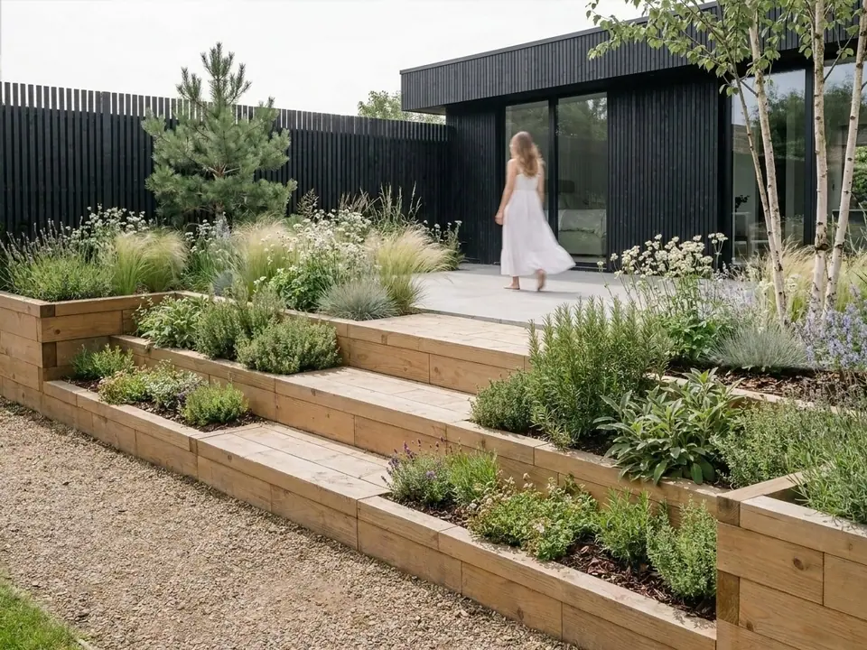 Close-up of raised larch timber-block terraces planted with herbs and flowers, with timber steps set into the slope.