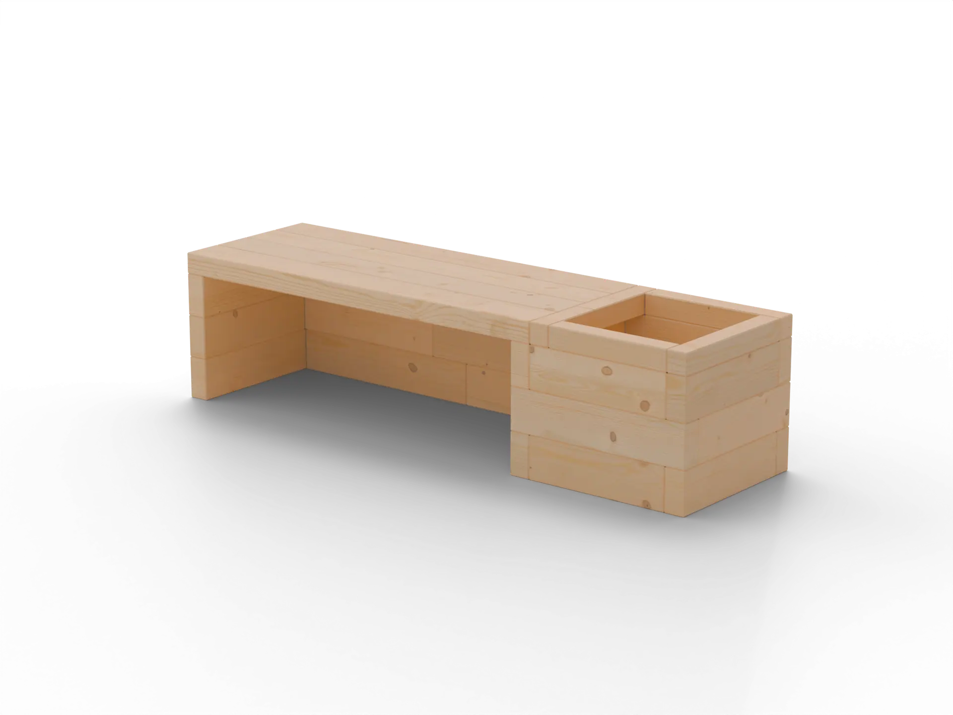Zahradní lavice s integrovaným květináčem Brick Premium – masivní 60mm evropský modřín; čelní pohled