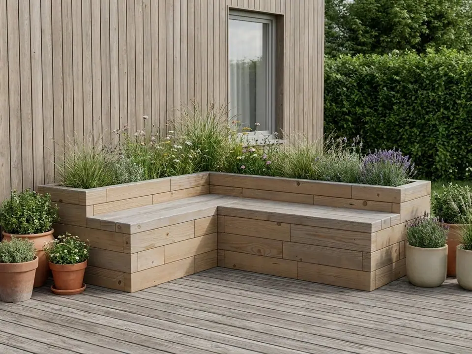 Raised Bed L-Shape with Integrated Corner Bench – front three-quarter view, garden setting (garden). Material: European larch, honey tone.
