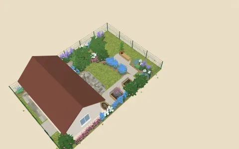 3D view of the garden design: 2 raised beds, outline 6.3 × 4.3 m