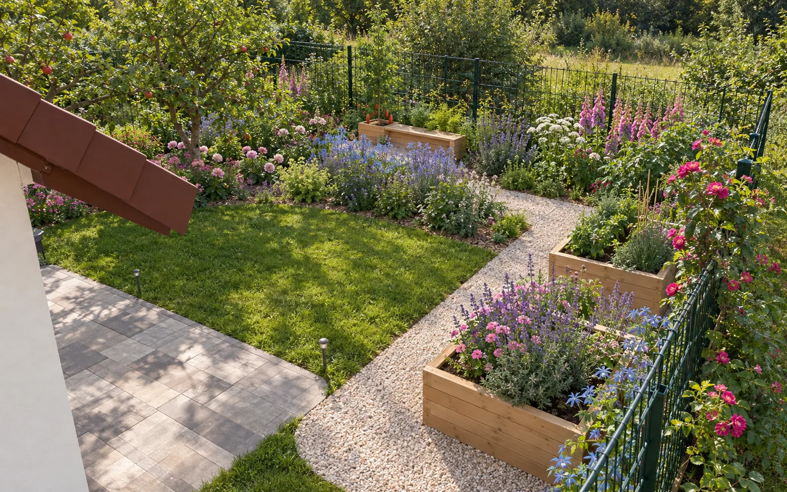 Illustrative AI visualisation of the garden: 2 raised beds