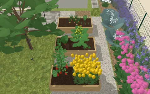 3D view of the garden design: 3 raised beds and a greenhouse, outline 5.2 × 2.3 m