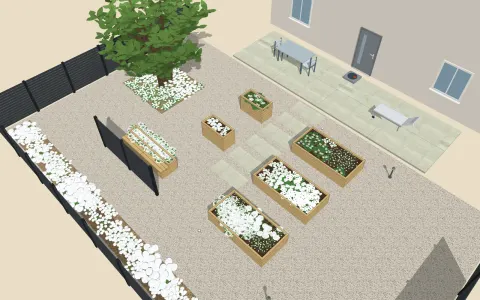 3D view of the garden design: 4 raised beds, outline 7.2 × 5.5 m