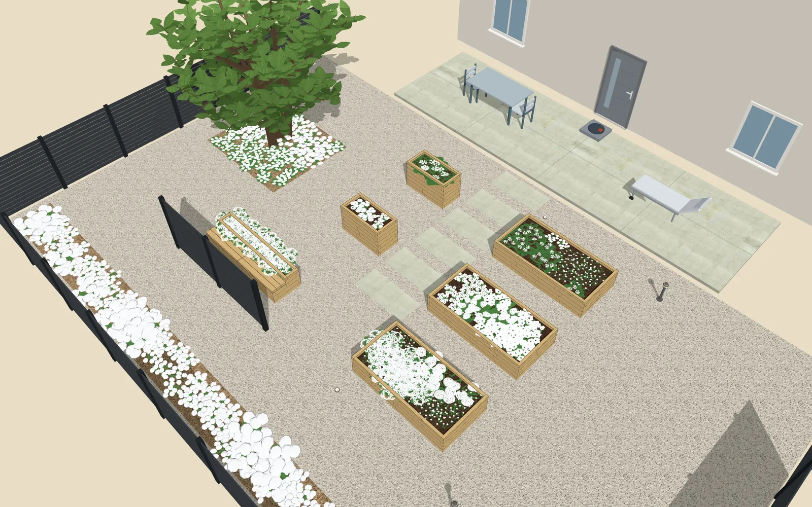 3D view of the garden design: 4 raised beds, outline 7.2 × 5.5 m