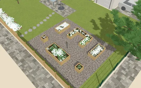 3D view of the garden design: 4 raised beds, outline 6.1 × 4.8 m