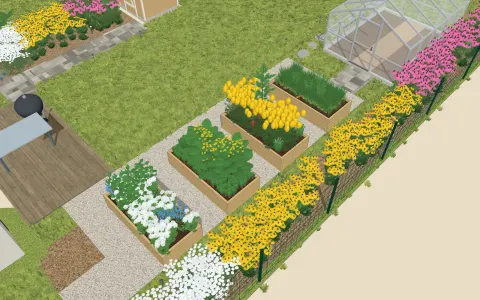 3D view of the garden design: 4 raised beds and a greenhouse, outline 7.1 × 2.3 m