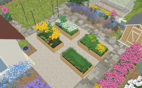 3D view of the garden design: 4 raised beds and a greenhouse, outline 5.5 × 3.2 m