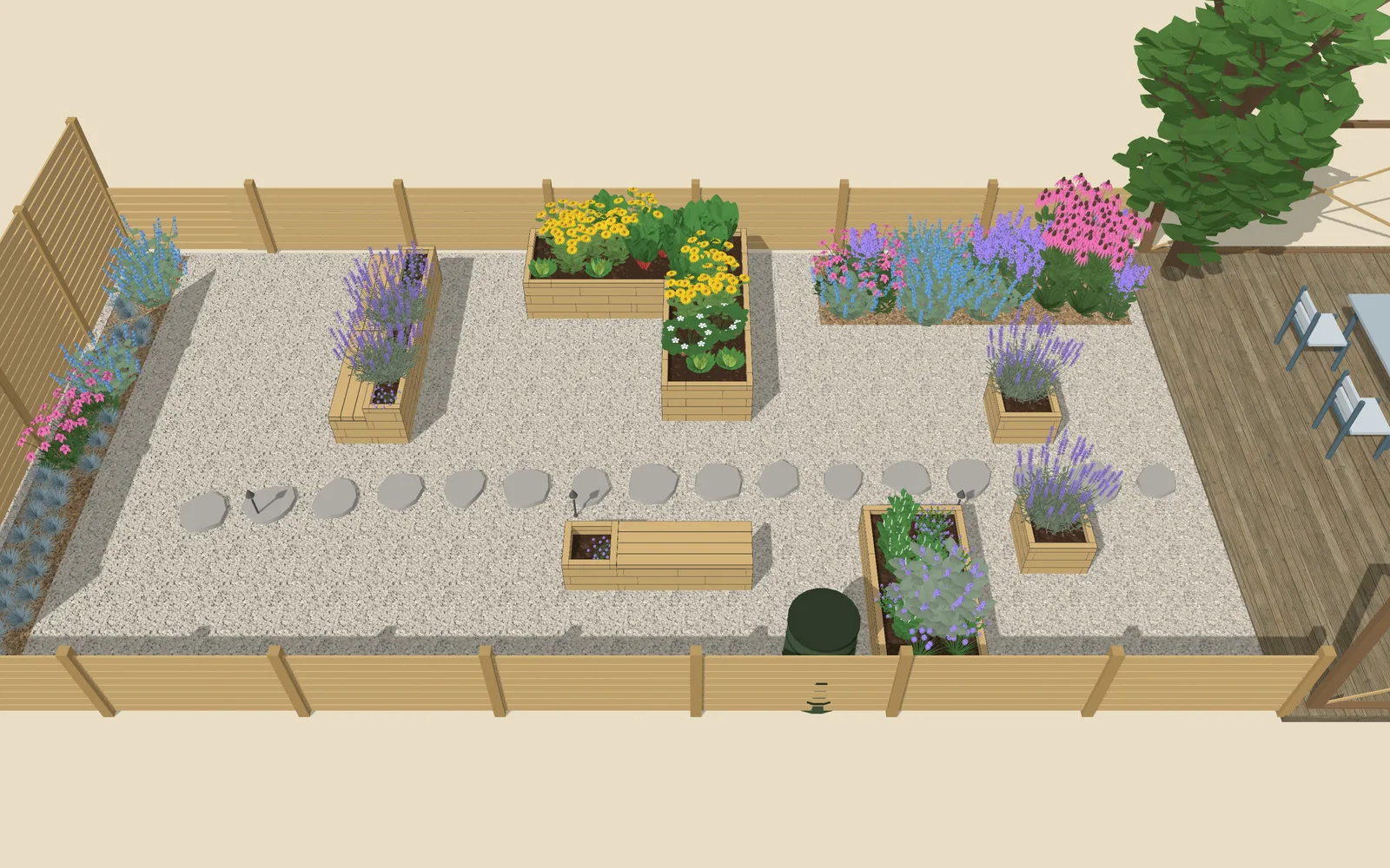 3D view of the garden design: 3 raised beds, outline 7.1 × 5.6 m