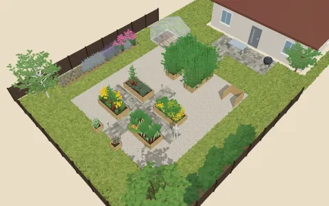 3D view of the garden design: 5 raised beds, a greenhouse, and a compost bin, outline 10.6 × 7.8 m