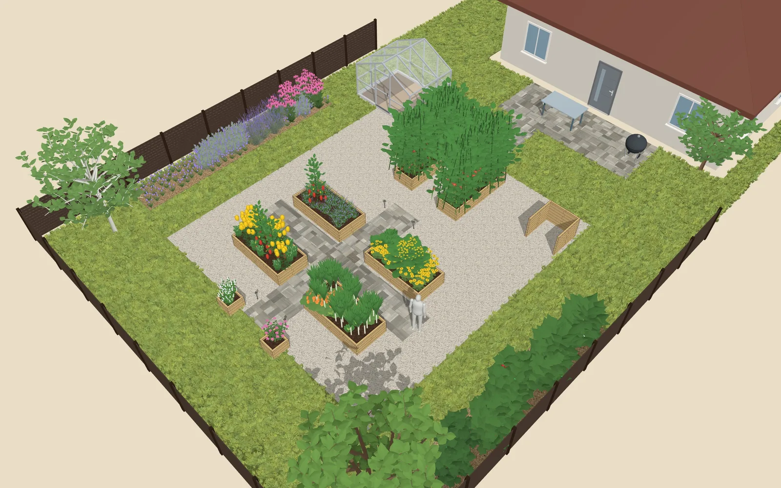 3D view of the garden design: 5 raised beds, a greenhouse, and a compost bin, outline 10.6 × 7.8 m