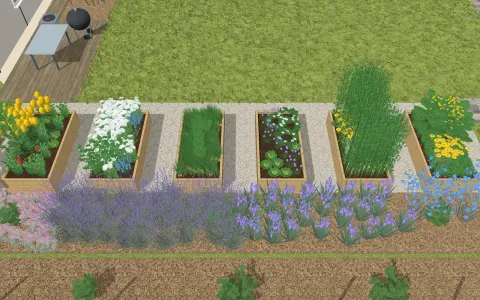 3D view of the garden design: 6 raised beds and a greenhouse, outline 11.2 × 2.3 m