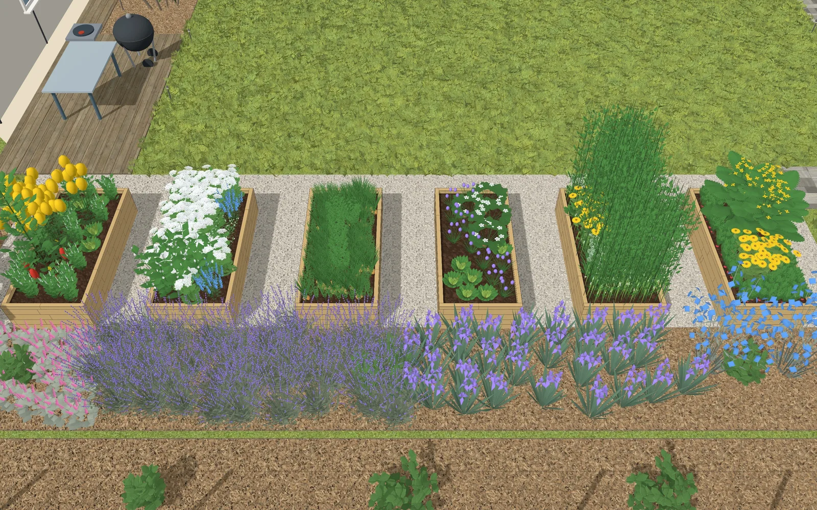 3D view of the garden design: 6 raised beds and a greenhouse, outline 11.2 × 2.3 m