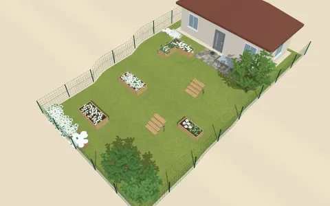 3D pohled na návrh zahrady: 4 vyvýšené záhony s obrysem 11 × 8,7 m