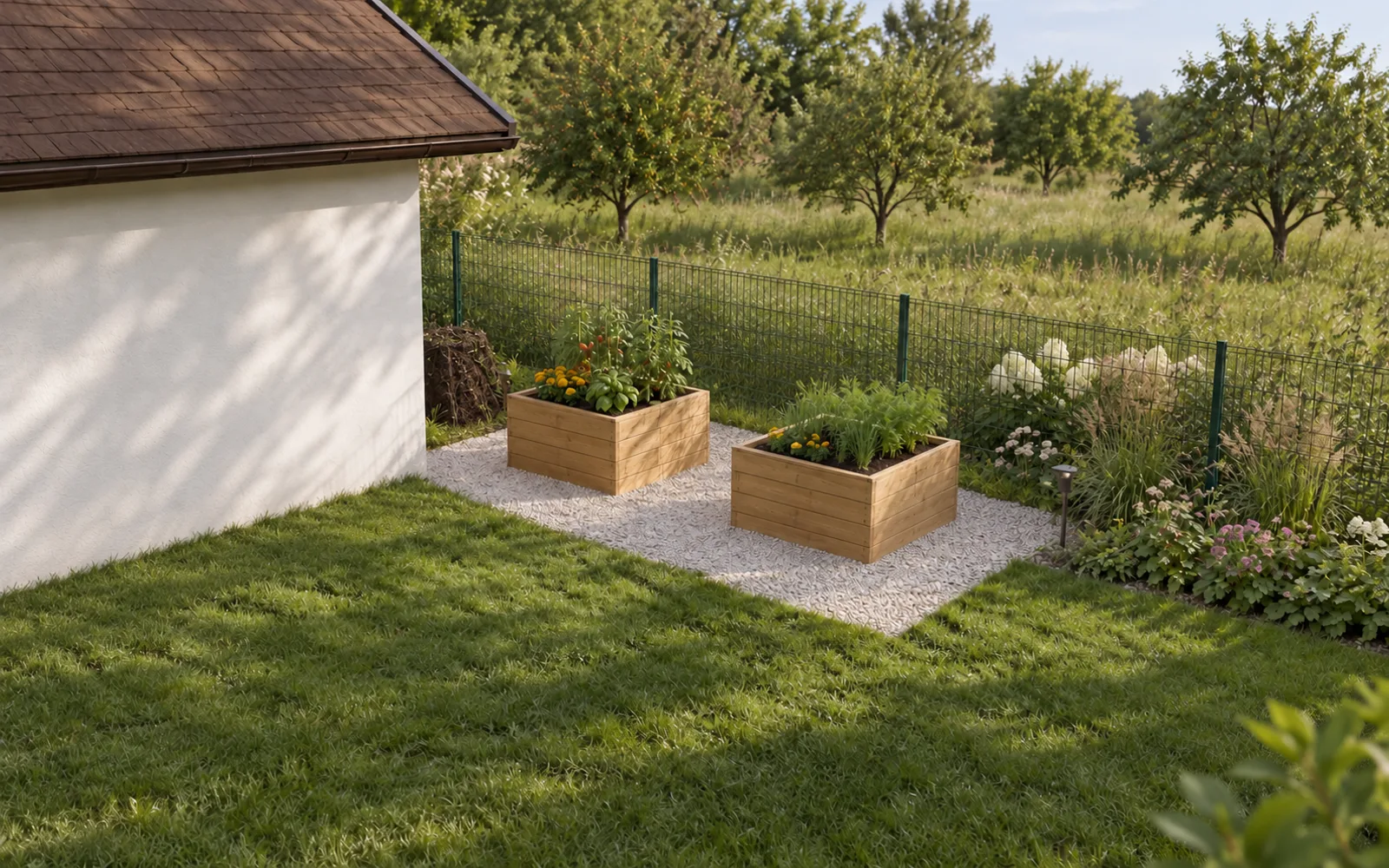Illustrative AI visualisation of the garden: 2 raised beds