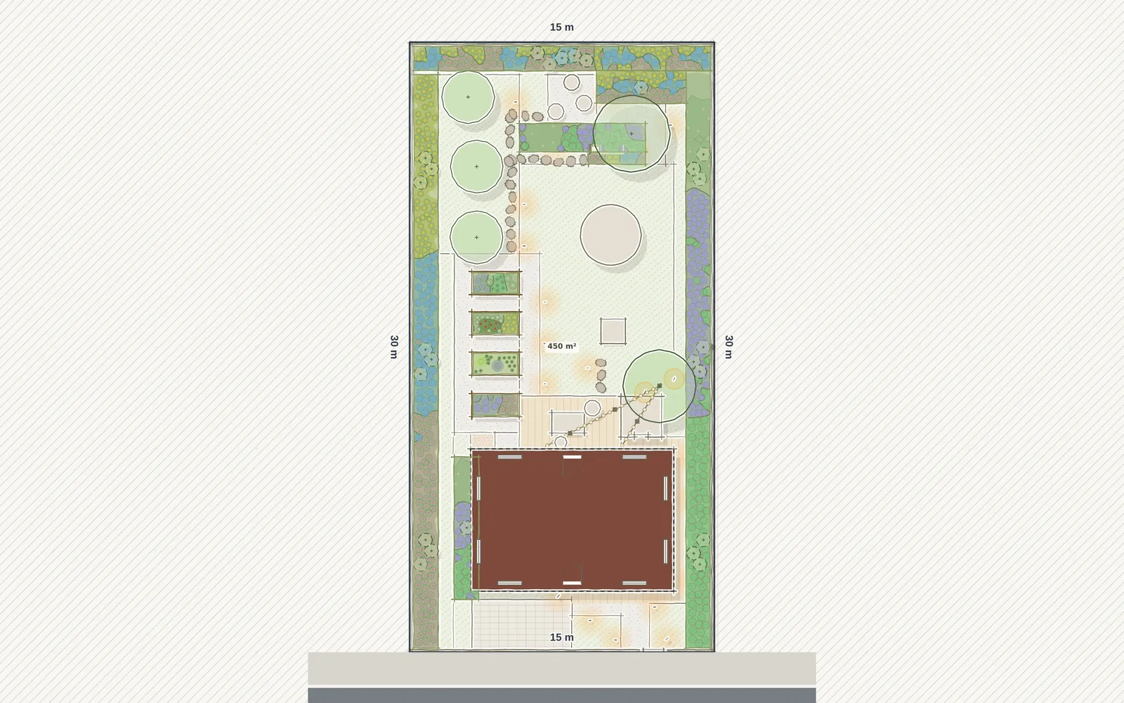 2D plan from the Studio: 4 raised beds and a play area