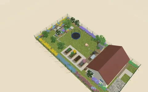 3D view of the garden design: 4 raised beds and a play area, outline 14 × 6.9 m
